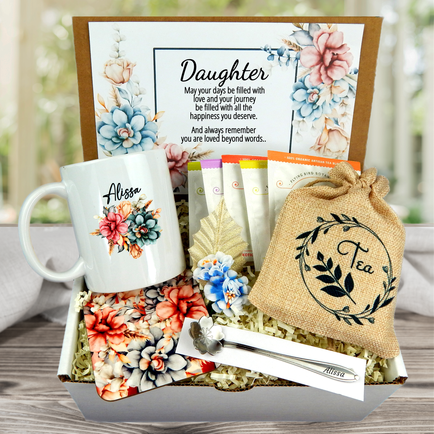 daughter gift basket with assorted tea and custom mug