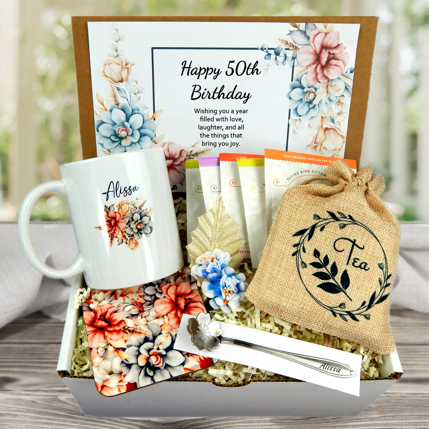 50th birthday present for women with tea and personalized mug with succulent design