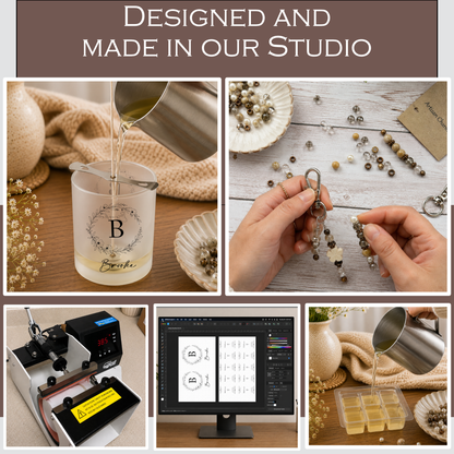 Collage of jewelry making process with text 'Designed and Made in Our Studio' at the top.