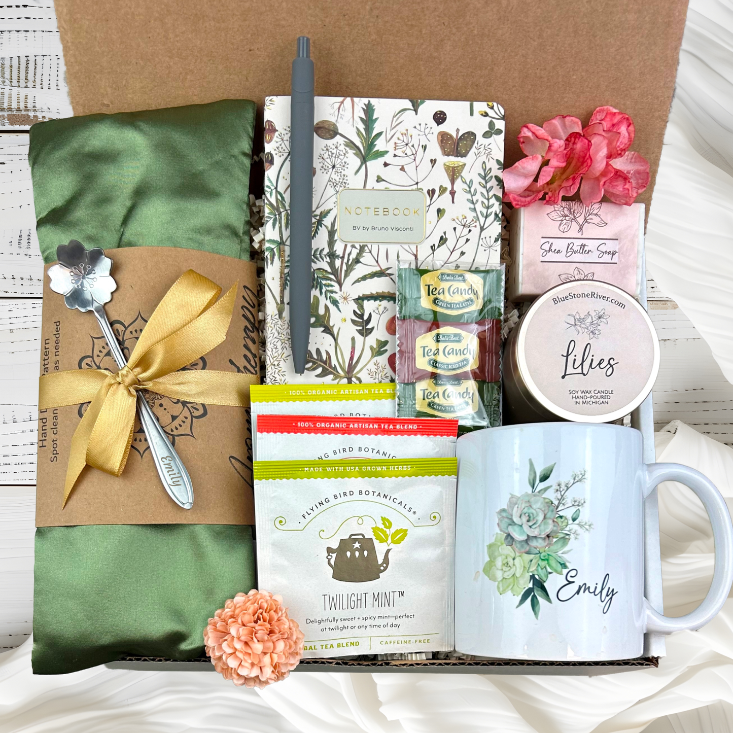Birthday Gift Basket for Women with Aromatherapy Eye Pillow and Personalized Mug
