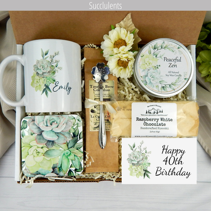 40th Birthday Gift Basket with Custom Name Mug and Coffee Set