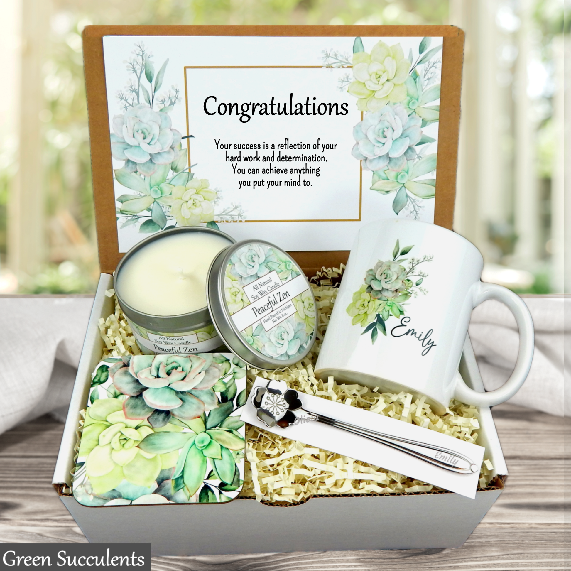 Green succulent designed congratulations gift box with mud, candle  and personalized
