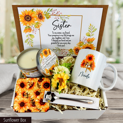 Sunflower gift basket for your sister: personalized mug, engraved spoon, coaster, candle, and a warm message.