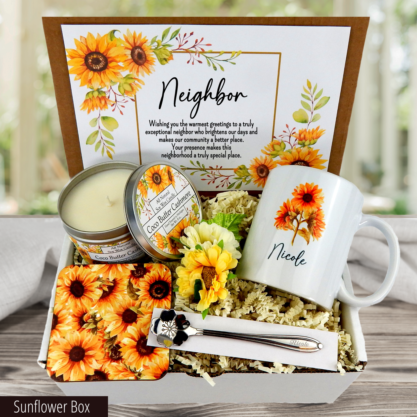 Sunflower themed Customized Mug, Spoon, and Candle in a New Neighbor Gift Basket