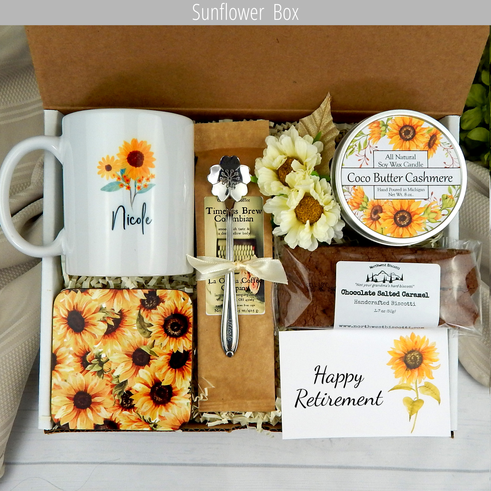 Well-deserved rest: Gift basket for her with a personalized mug, coffee, and comforting treats for her retirement.