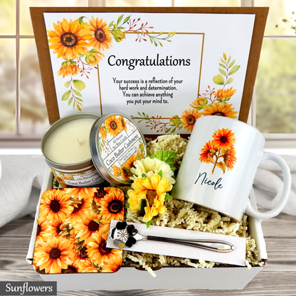 Personalized Gift set with sunflower-themed mug, candle, and card on a wooden surface.
