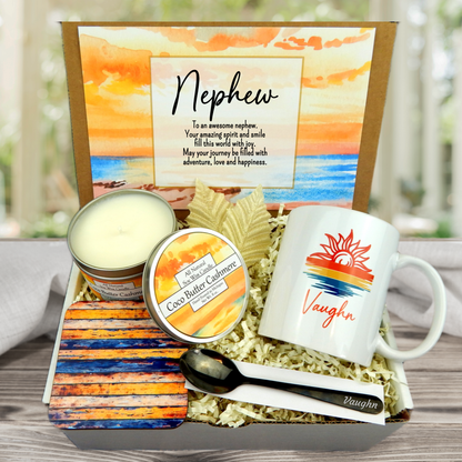 gift basket for nephew with a sun themed personalized mug