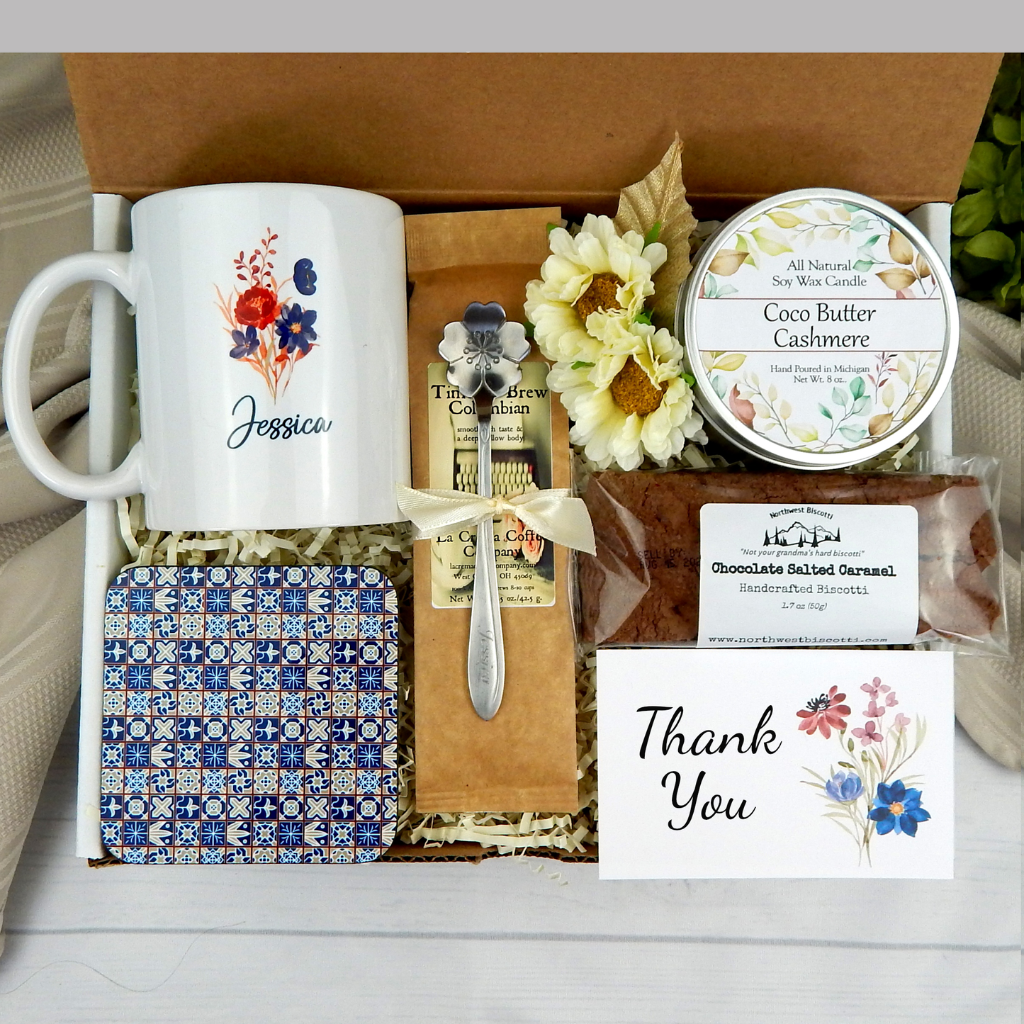 Expressing gratitude: Women's appreciation gift basket with customized mug, coffee, and delightful goodies.