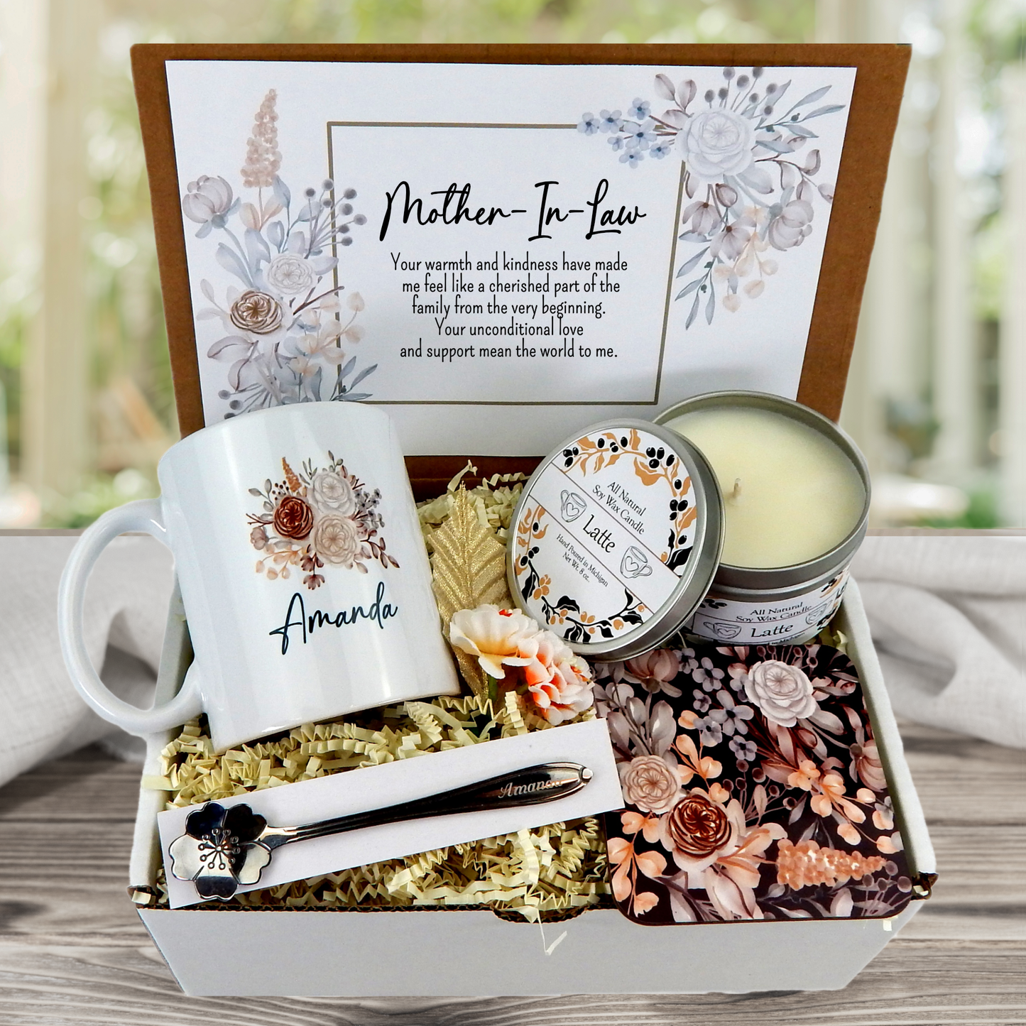 Coffee gift set for mother in law with customized mug and candle meaningful card