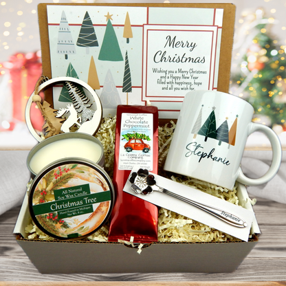 Tree Mug for Christmas in Holiday Gift box with ornament coffee candle and engraved spoon