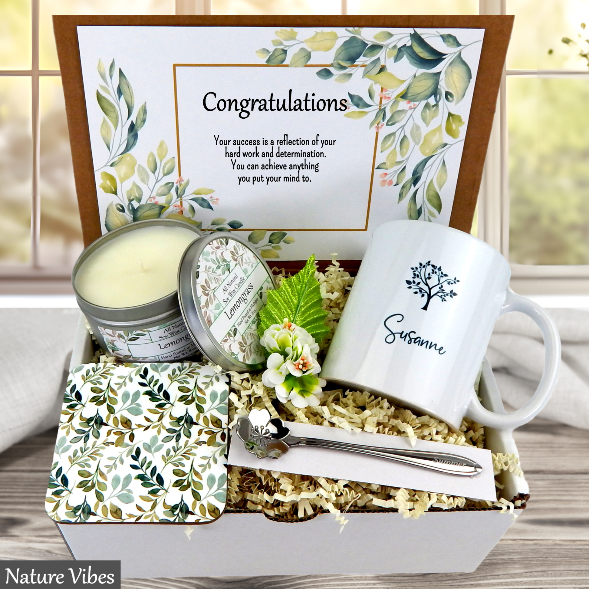Tree mug gift set with candle, and coasters with 'Nature Vibes' branding