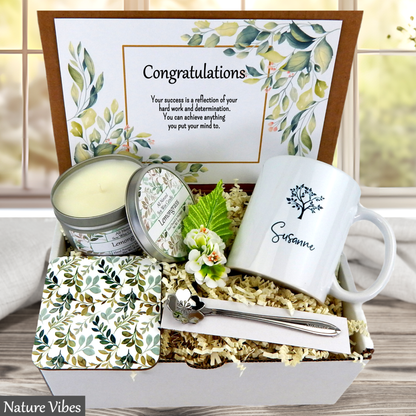 Tree mug gift set with candle, and coasters with 'Nature Vibes' branding