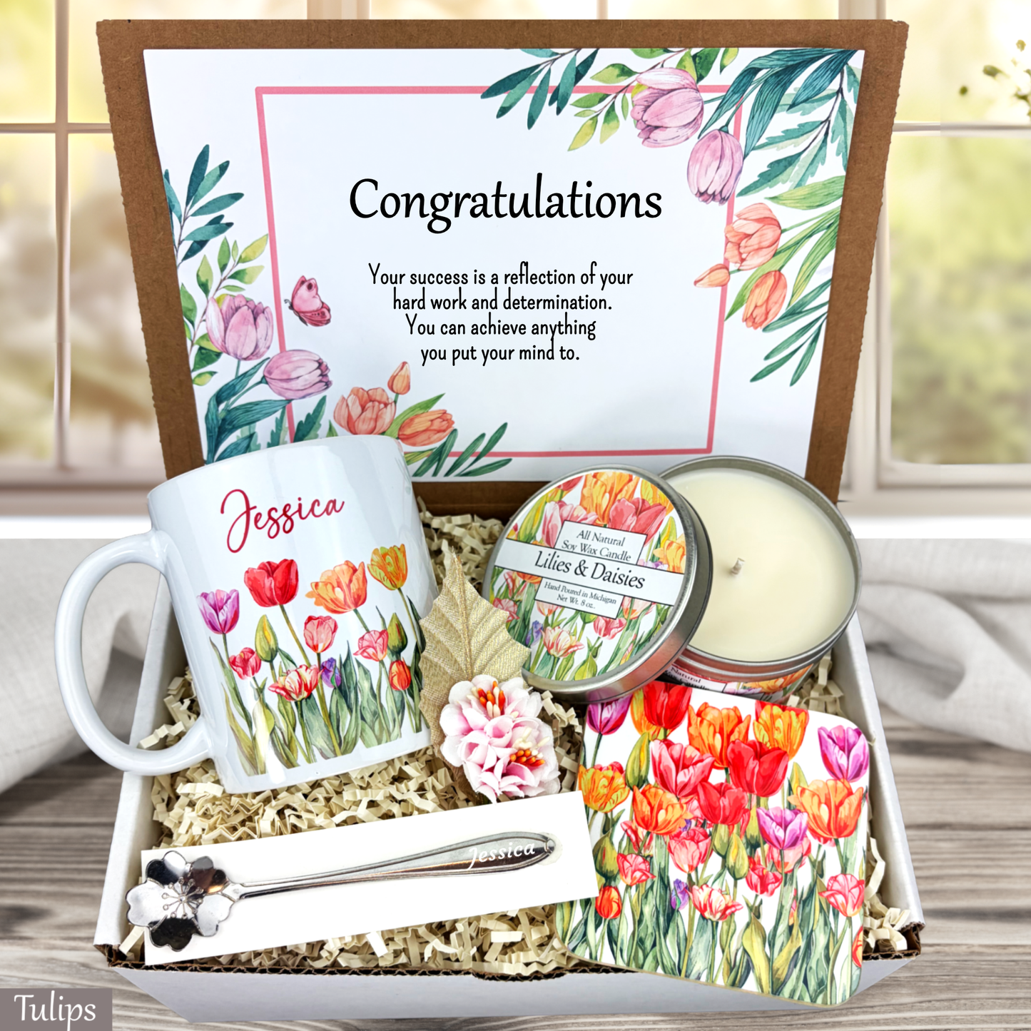 tulip Gift set with mug, candle, and card in a box, featuring floral designs and 'Congratulations' message.