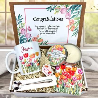 tulip Gift set with mug, candle, and card in a box, featuring floral designs and 'Congratulations' message.