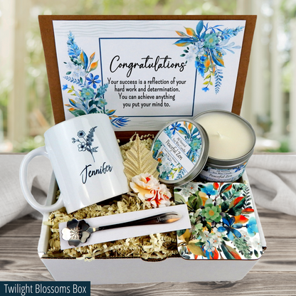 Congratulations Job Promotion Gift Basket with Personalized Mug, Spoon, and Candle