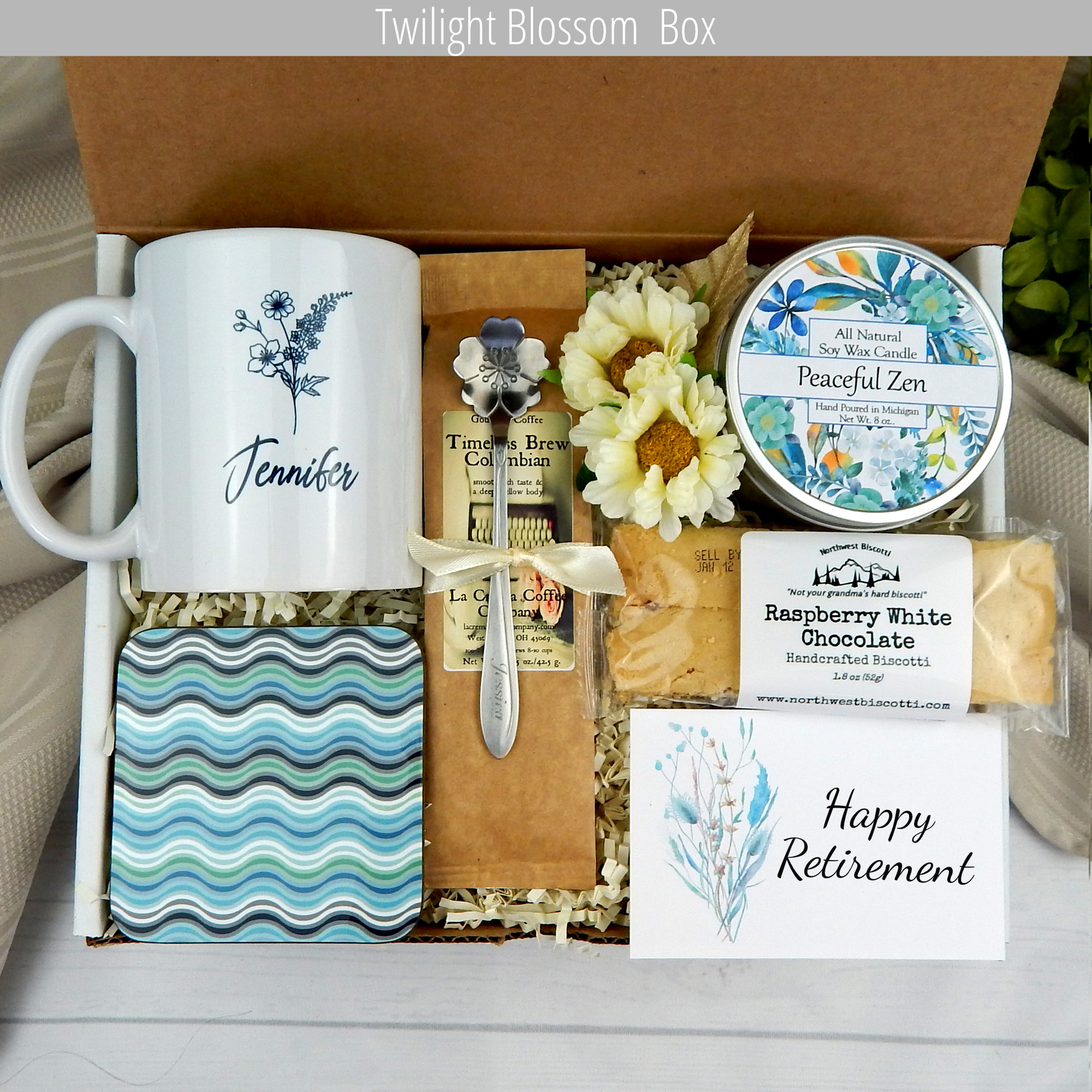 Cheers to retirement: Encouragement gift basket with a custom mug, coffee, and scrumptious goodies for her new adventure.