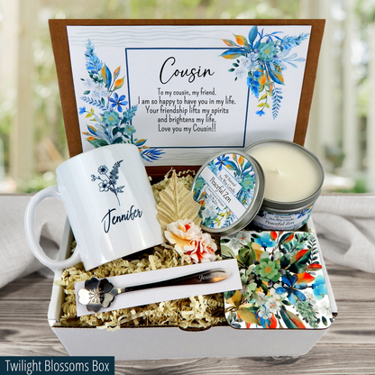 For cousin Birthday Gift Basket with Personalized Flower Print Mug, Engraved Spoon, and Candle for Women