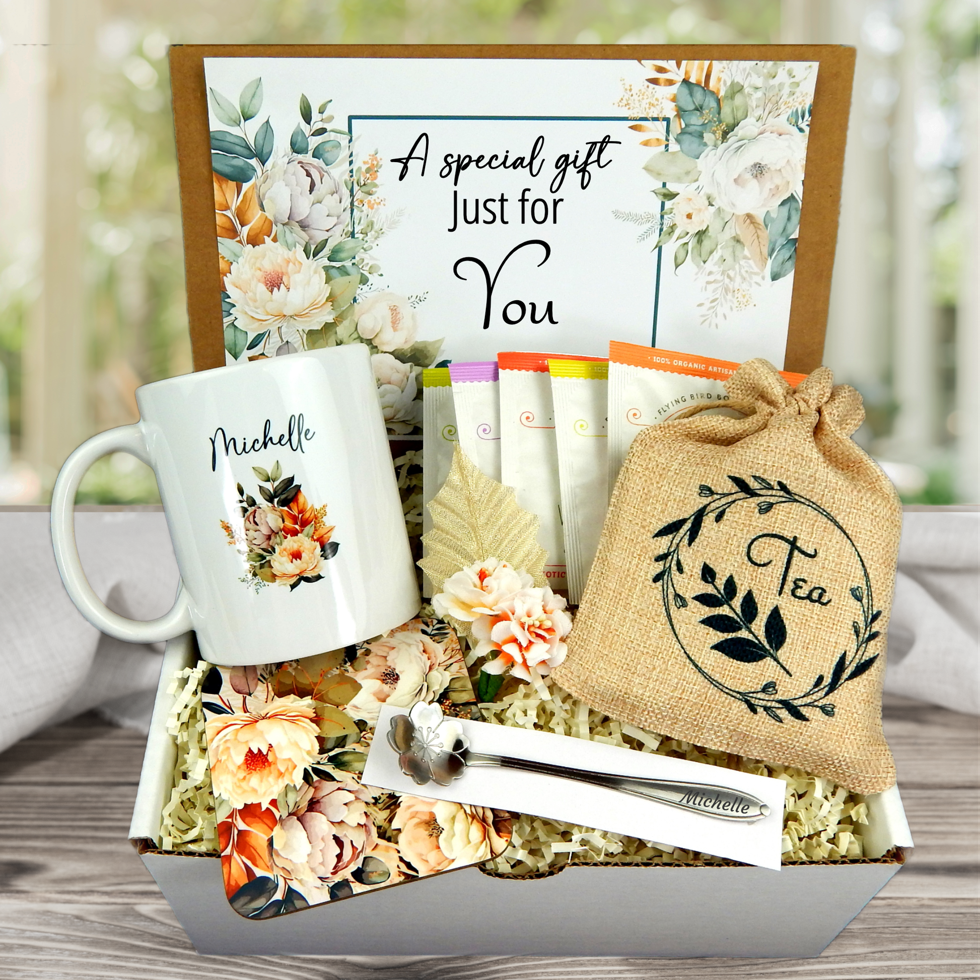 Vintage floral print Personalized mug and engraved spoon set accompanied by a large 8-ounce scented candle, an assortment of five artisan teas, and a matching coaster set for women