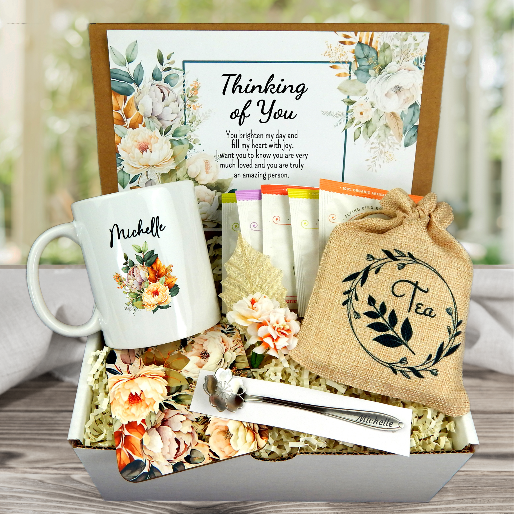 Thinking of you gift for  Tea lover's gift basket, custom mug with engraving, coaster, meaningful card, vintage floral motif