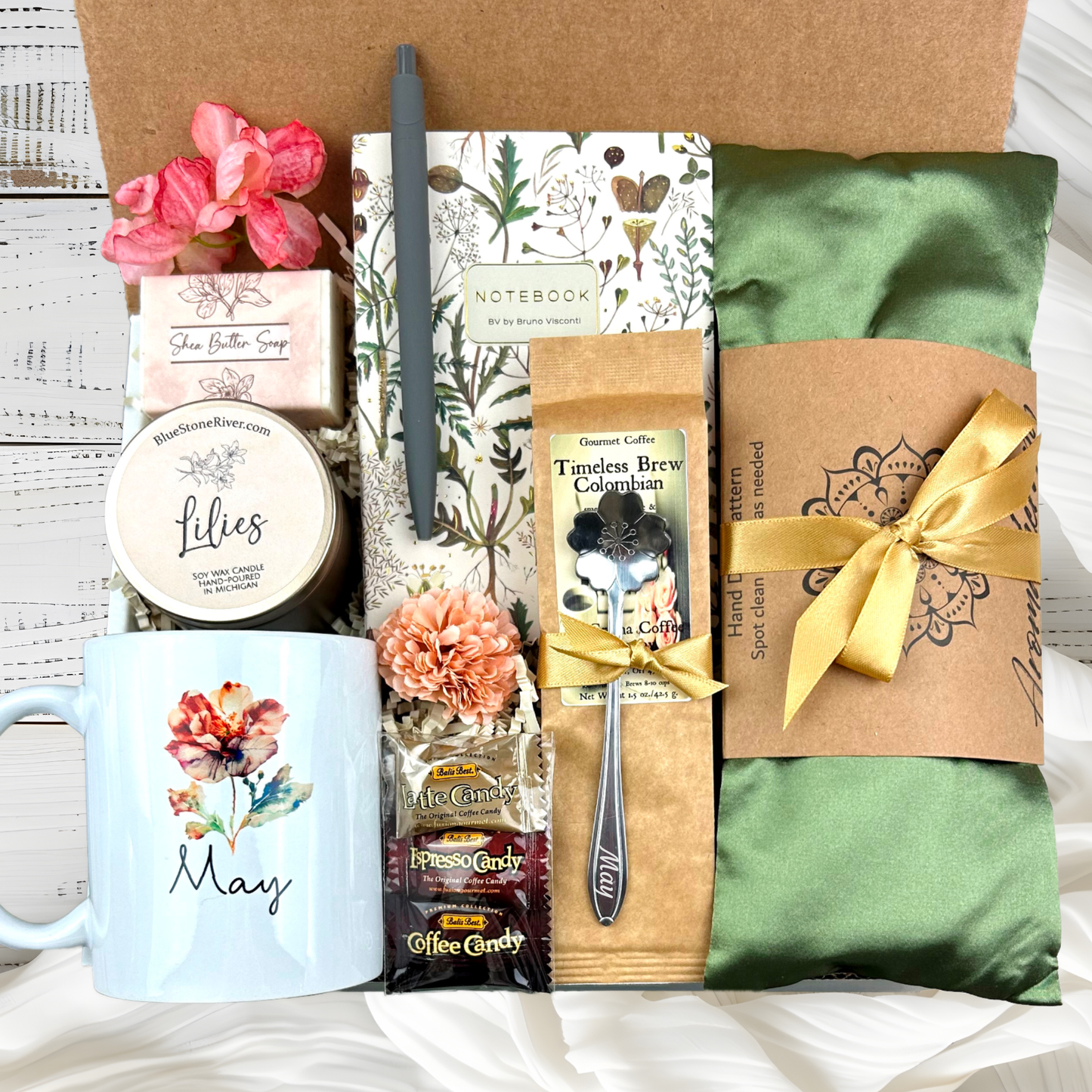 Birthday Gift Basket for Women with Aromatherapy Eye Pillow and Personalized Mug