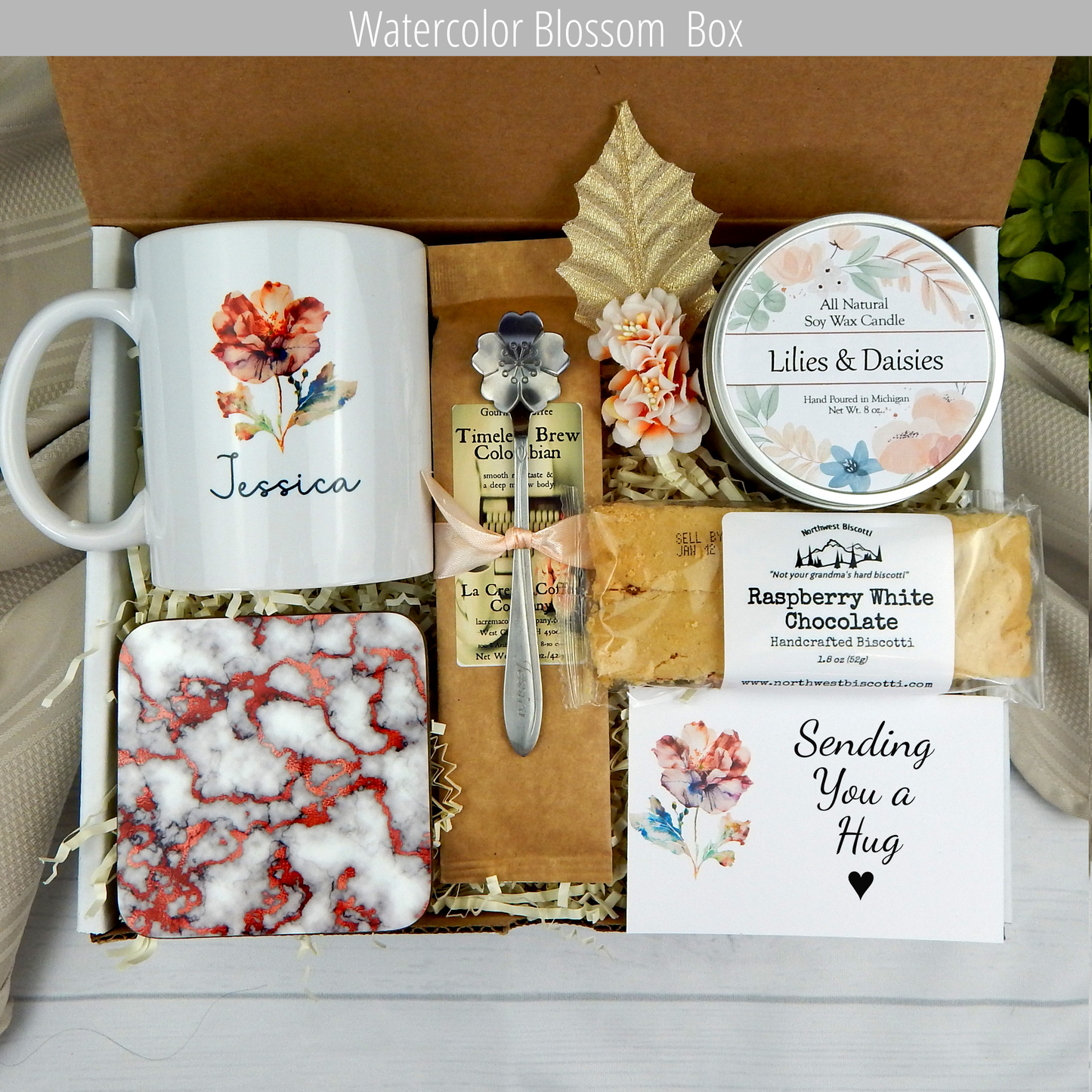 Heartfelt wishes: Encouragement gift basket with a custom mug, coffee, and scrumptious goodies for her.