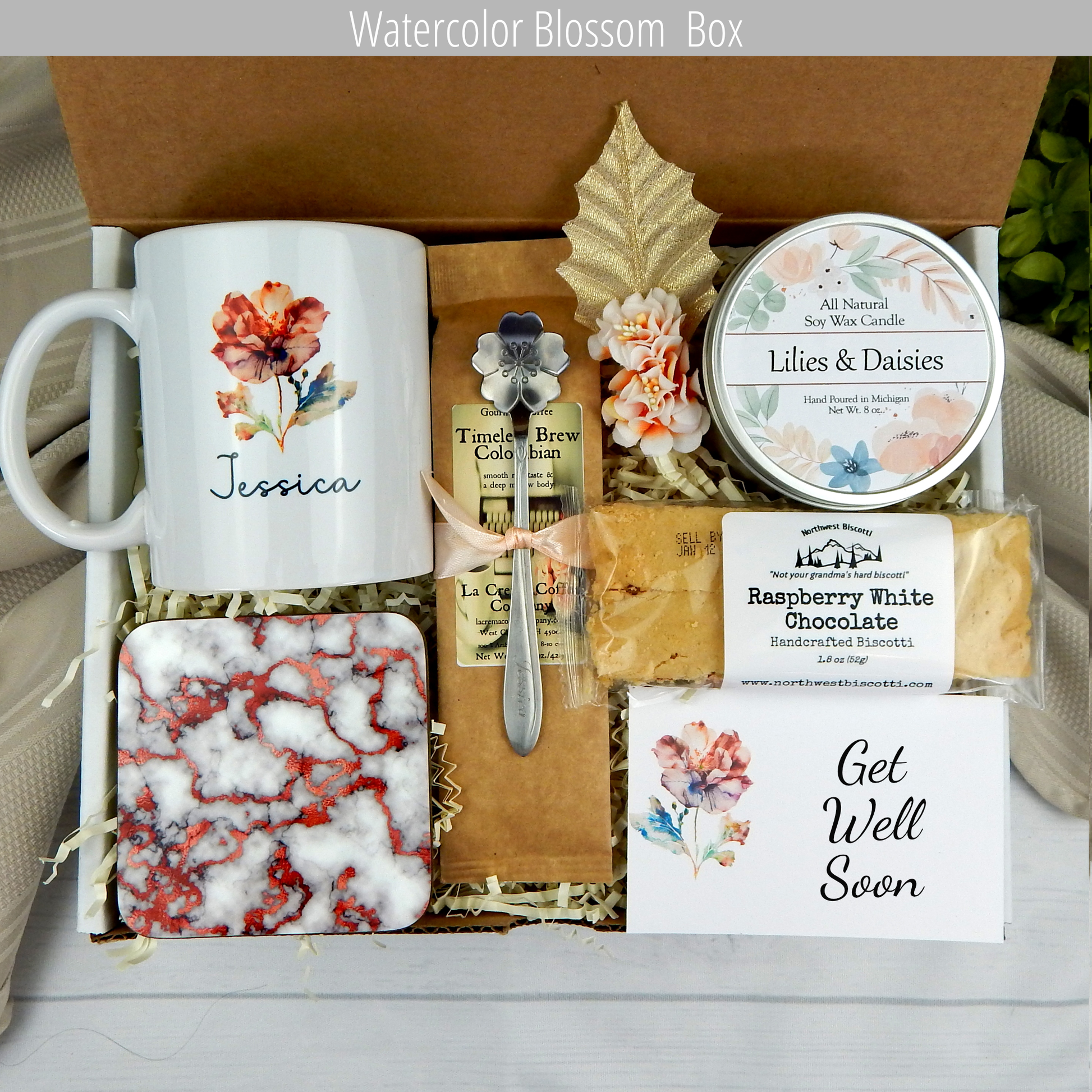 Warm thoughts for healing: Get well gift basket with custom mug, coffee, and scrumptious goodies.
