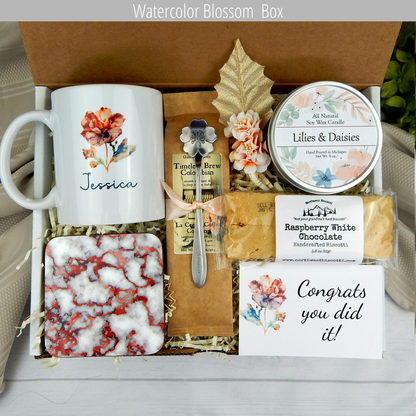 offee and celebrations: Congratulations gift box filled with gourmet coffee, a customized name mug, candle, engraved spoon, and biscotti for achievements.