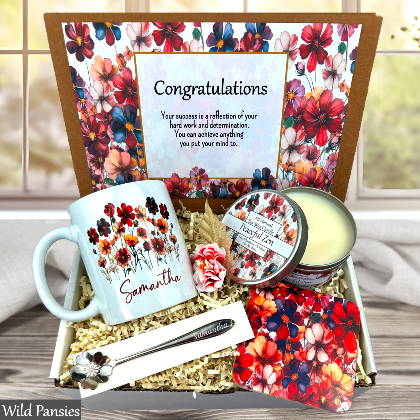 Wild Pansies Gift set with mug, candle, and cards featuring floral design and 'Congratulations' message.