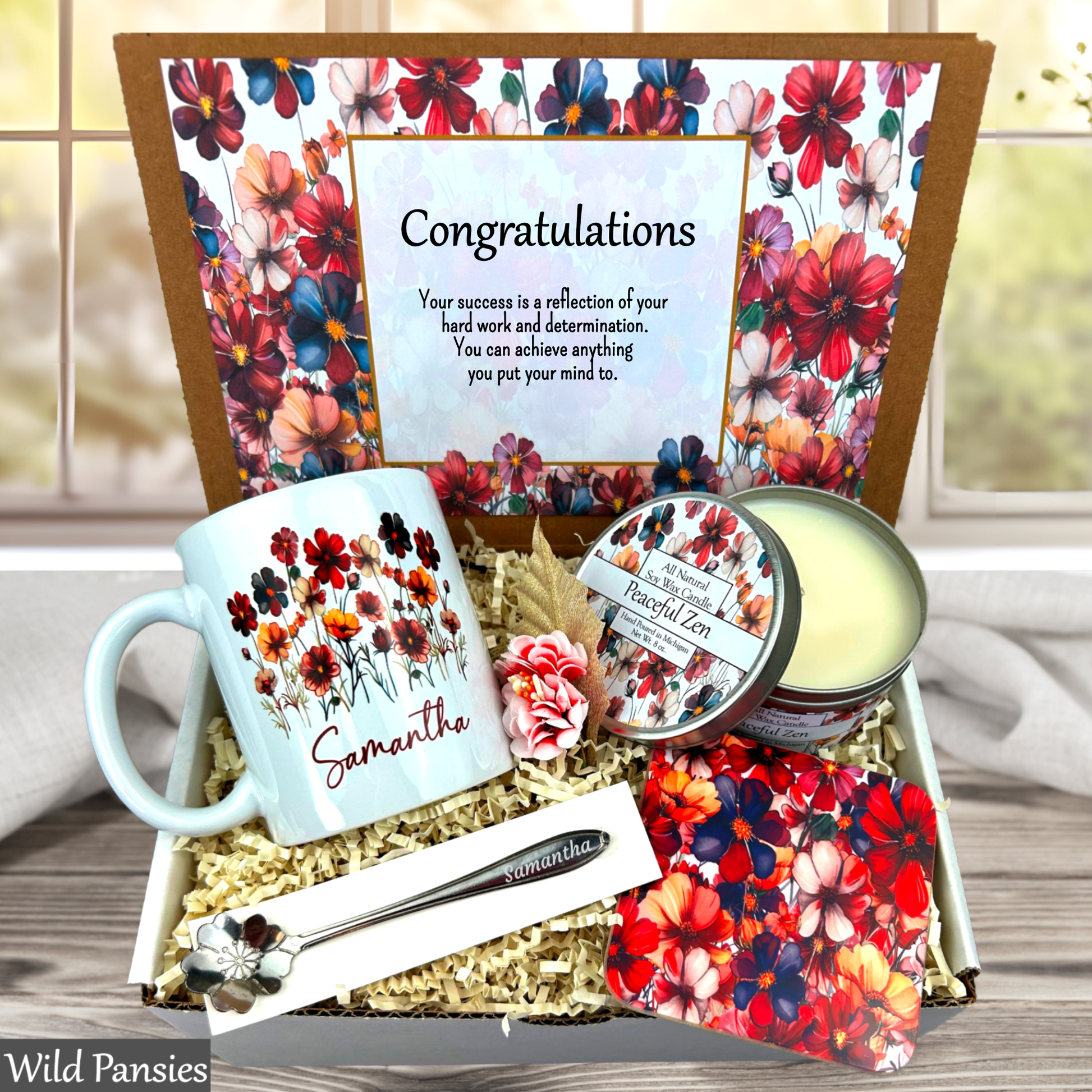Wild Pansies Gift set with mug, candle, and cards featuring floral design and 'Congratulations' message.