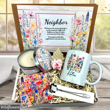 Neighbor gift set with mug, candle, and card in a decorative box.