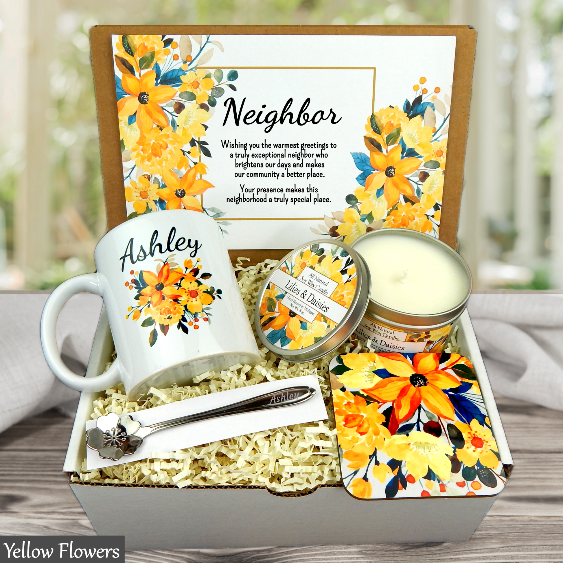 Neighbor gift set with mug, candles, and flowers in a box