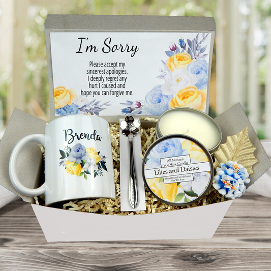 Personalized apology gift basket with keepsake mug