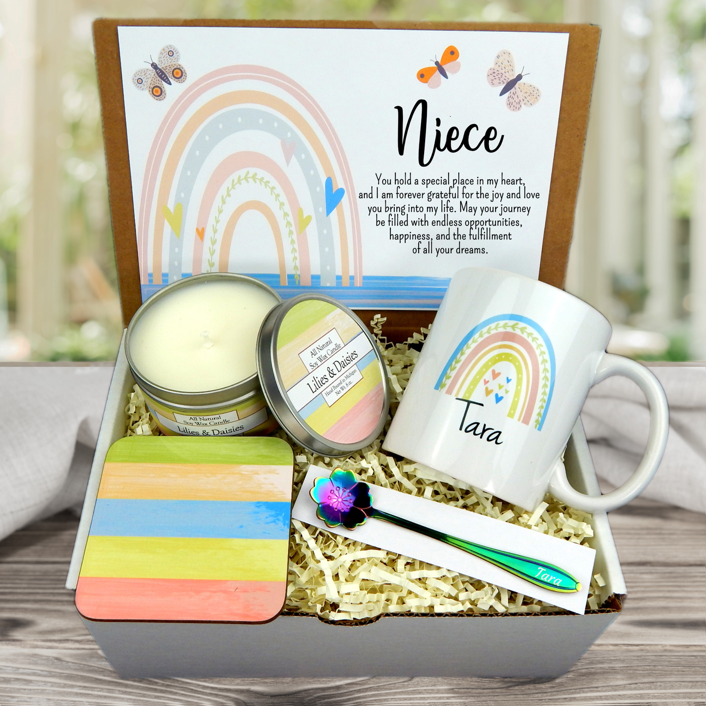 custom gift for niece with personalized mug in a boho rainbow theme