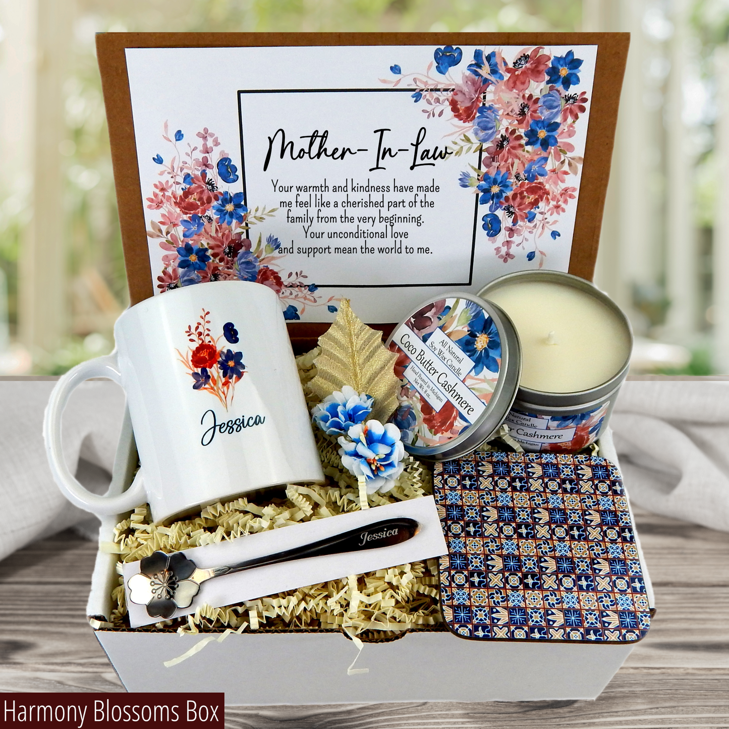 red white and blue Elegant Gift Set: Personalized Mug and Candle for Your Mother-in-Law